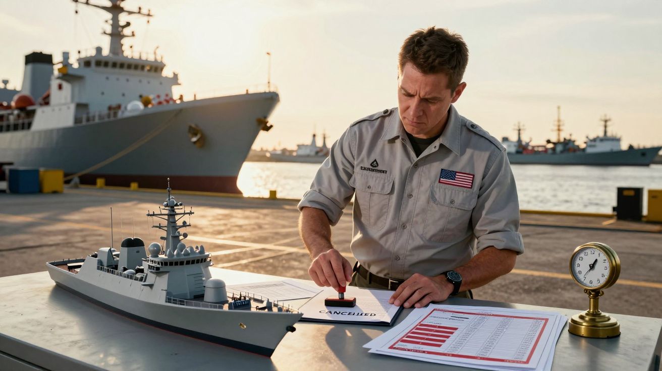 Un bărbat în uniformă stampilează documente lângă macheta unei nave, cu vase în fundal, la un doc la apus.