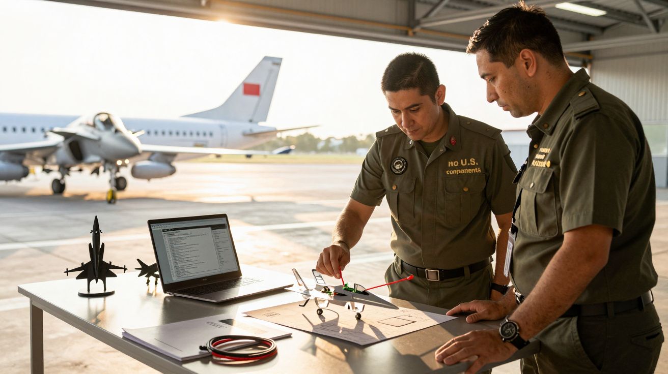 Doi bărbați în uniformă militară discută lângă o masă cu modele de avioane într-un hangar, avioane în fundal.