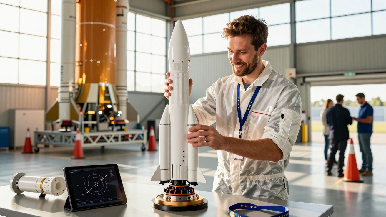 Bărbat în halat alb examinează modelul unei rachete într-un hangar, cu o tabletă și alte piese pe masă.