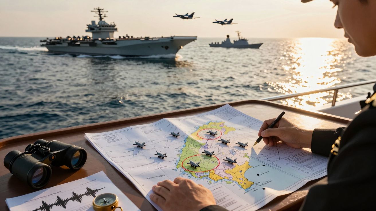 Ofițer naval planificând o misiune cu hărți, avioane jucărie și flotă în fundal pe mare.