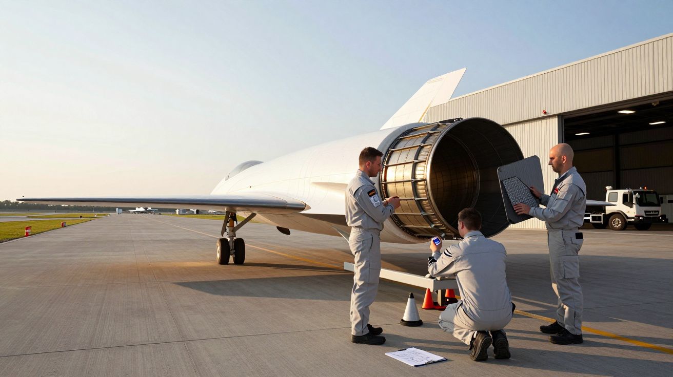 Trei tehnicieni inspectează un jet alb parcat pe pistă lângă un hangar, sub un cer senin.