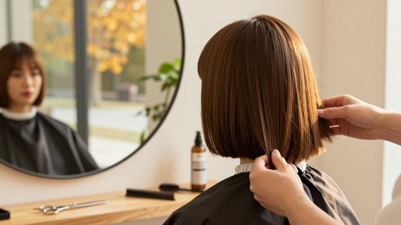 Femeie cu păr brunet tuns bob, așezată în fața unei oglinzi în salonul de coafură, stilist ajustând părul.