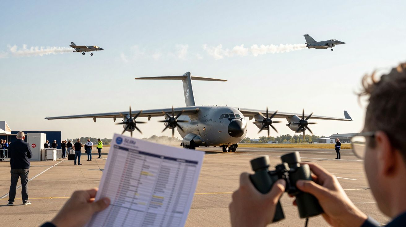 Aeronave în formație, avion mare pe pistă, persoane privesc cu binocluri și liste.