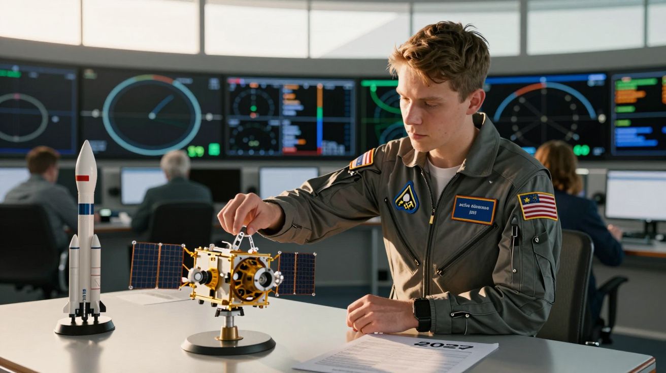 Persoană în uniformă controlând un model de satelit la un birou, cu ecrane cu grafice în fundal.