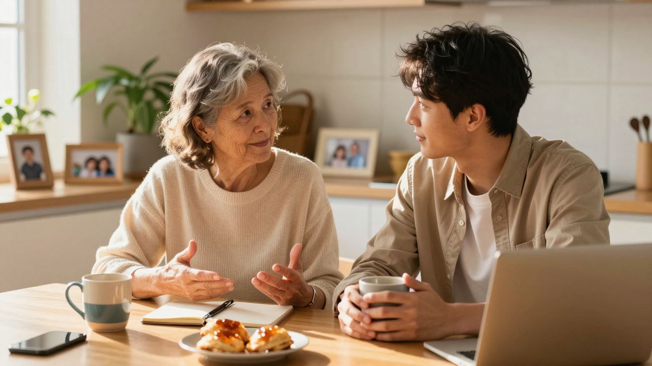 Vârstnică și tânăr discutând la masa din bucătărie, cu laptop și căni de ceai.