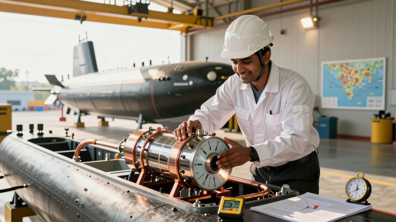 Inginer lucrând la un dispozitiv tehnic într-un hangar, cu un submarin în fundal.