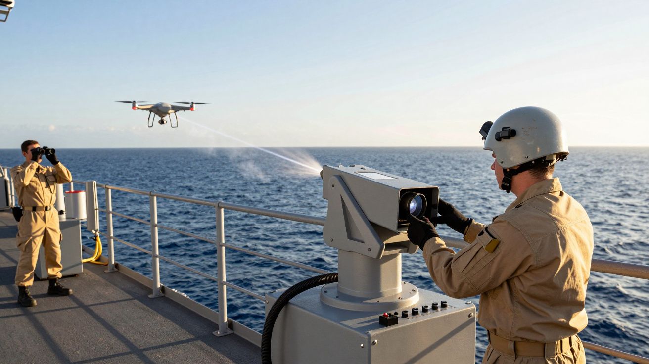 Marinar operează echipament laser pentru a controla drona pe puntea unei nave în largul mării, pe timp de zi.