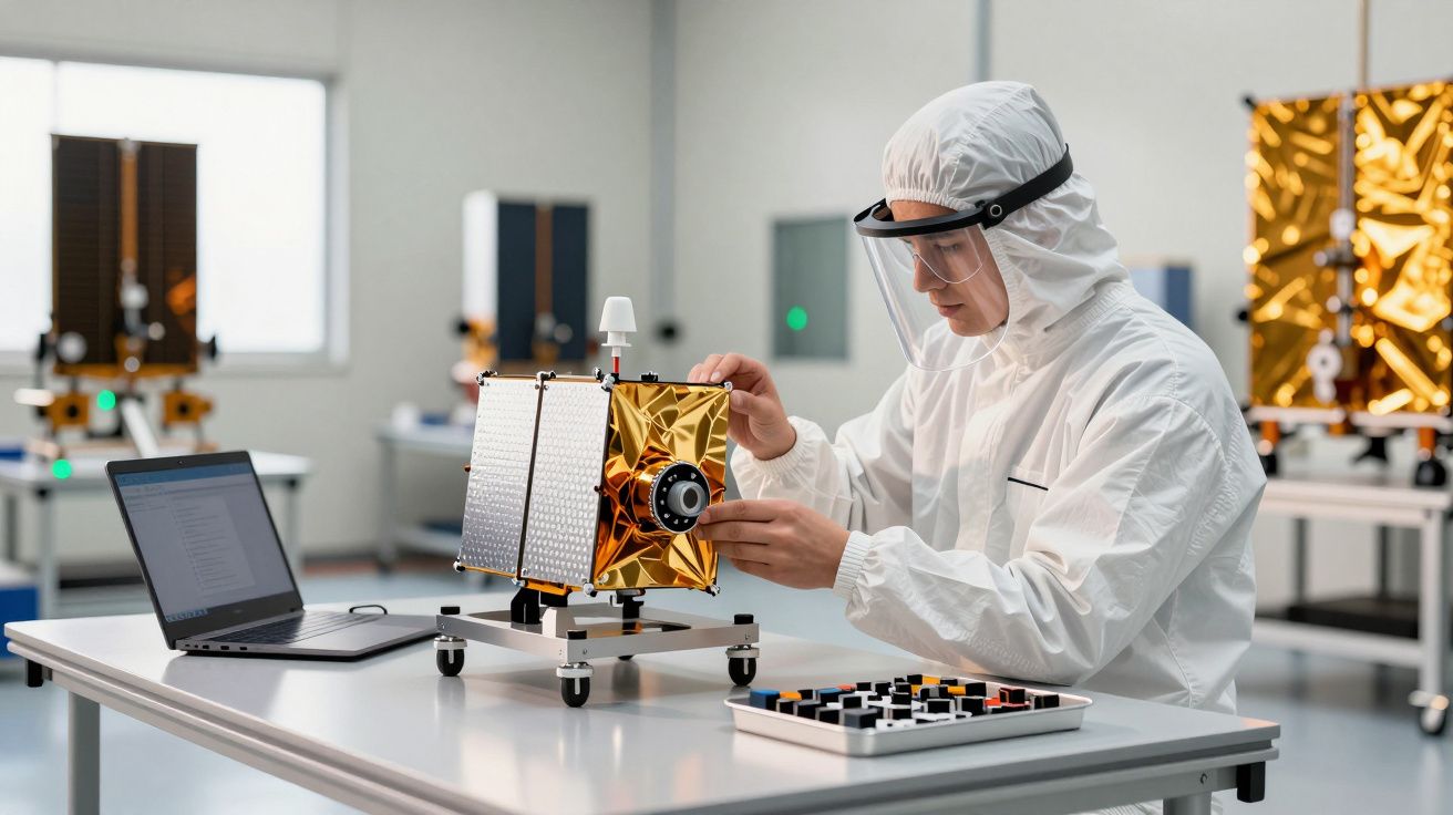Cercetător în combinezon alb lucrează la un satelit model într-un laborator high-tech, lângă un laptop.