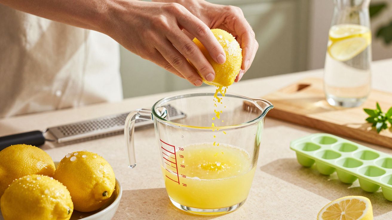 Mâini storcând lămâi deasupra unui vas gradat, pe o masă cu lămâi întregi și ustensile.