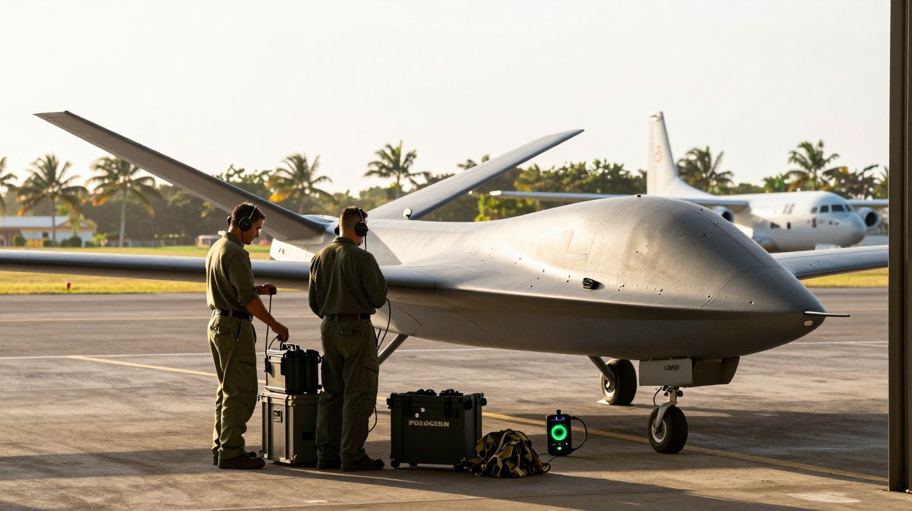 Dronă gri pe pistă cu doi tehnicieni în echipamente de aviație, palmiere și avion în fundal, în lumina zilei.