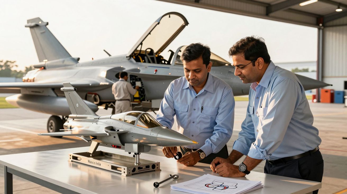 Doi bărbați examinează un model de avion pe o masă, cu un avion real în fundal, într-un hangar aeronautic.