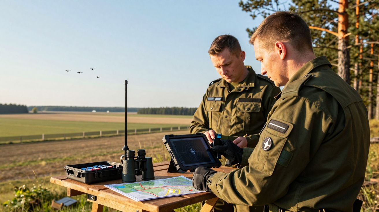 Doi militari monitorizează drone într-un câmp deschis, utilizând o tabletă și hartă pe o masă din lemn.