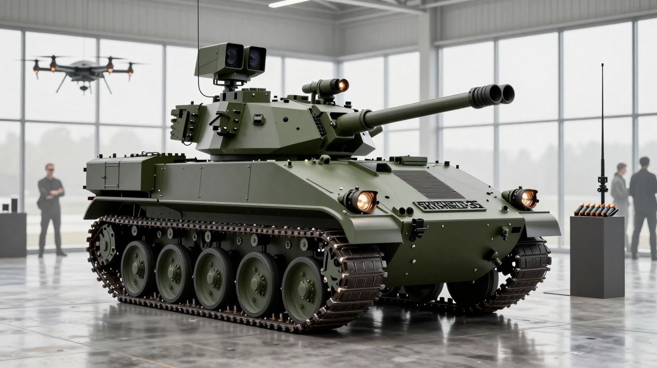 Tanc verde în hangar, cu oameni și dronă în fundal.