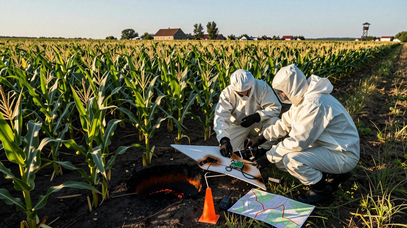 Două persoane în costume de protecție examinează un obiect la marginea unui câmp de porumb, alături de o hartă.