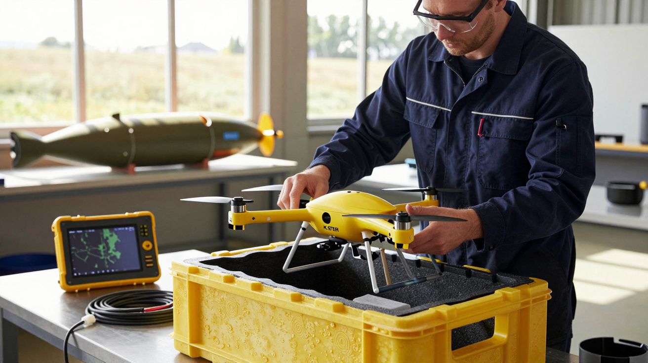 Bărbat în salopetă albastră asamblând o dronă galbenă pe o masă de lucru, cu un monitor și un obiect mare în fundal.