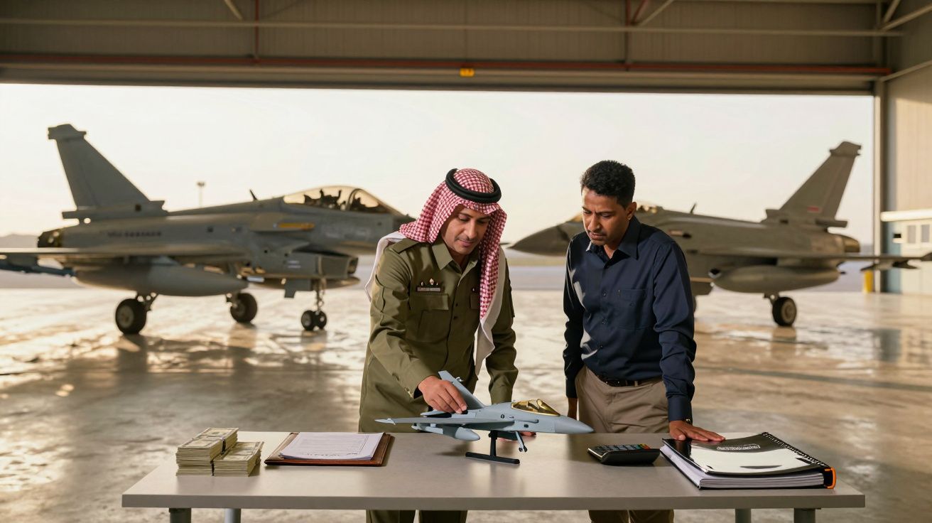 Doi bărbați discută la o masă cu un model de avion, în fața unor avioane de vânătoare într-un hangar.