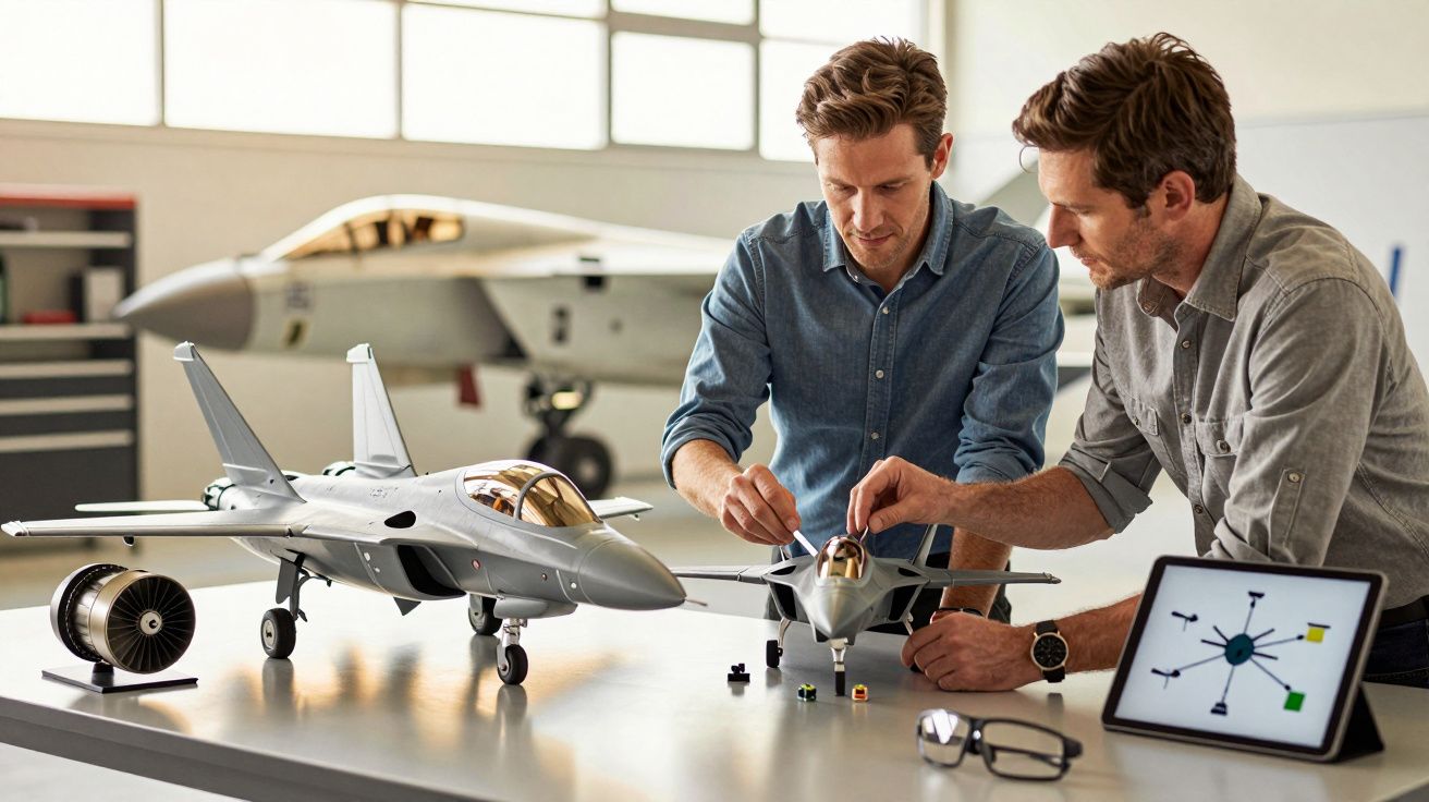 Două persoane examinează modele de avioane de luptă pe o masă, cu un avion adevărat în fundal.