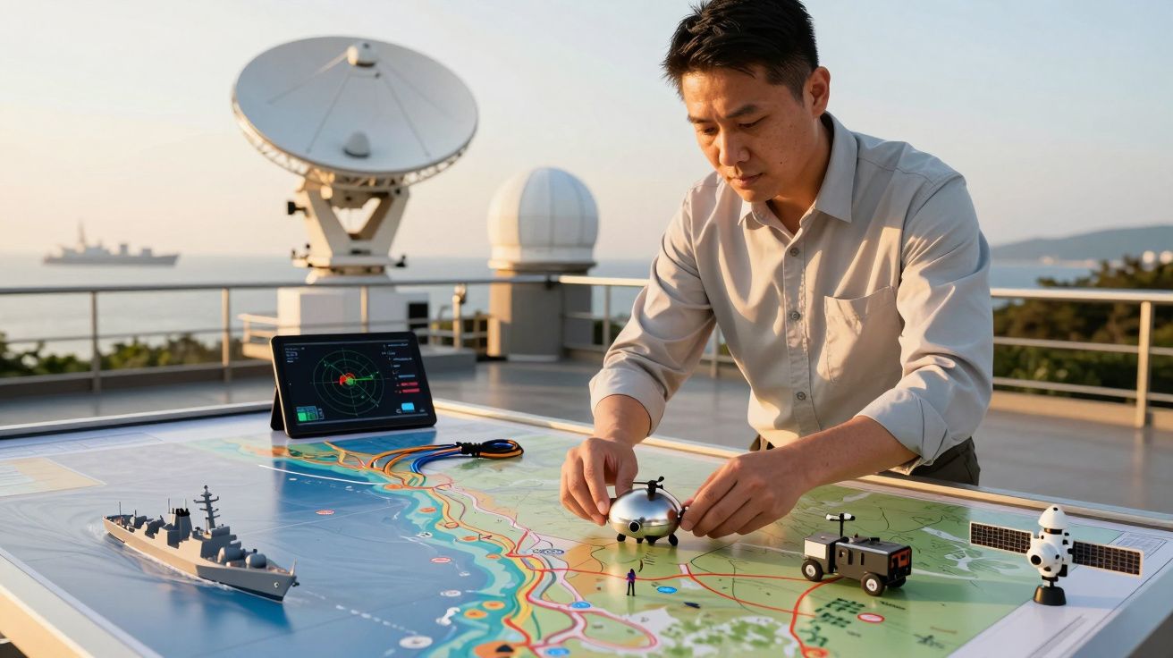 Bărbat aranjează modele de vehicule pe hartă. Stație radar și mare în fundal, tabletă cu radar pe masă.