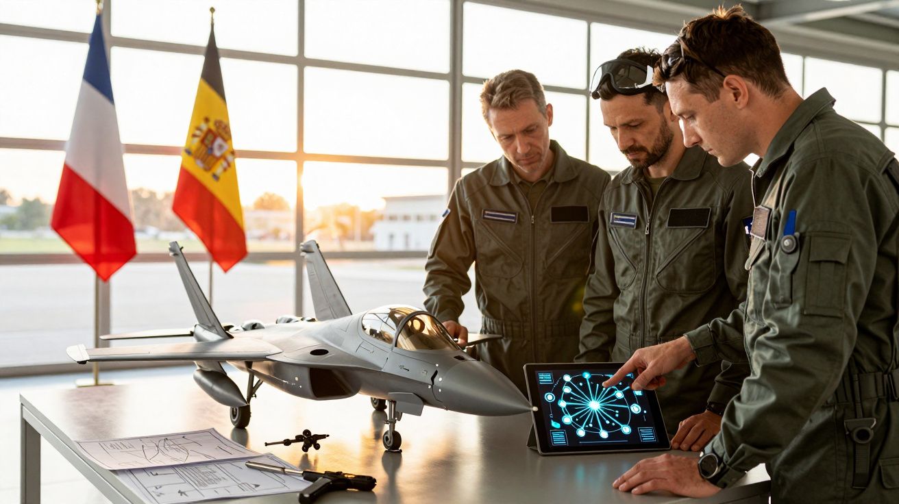 Trei bărbați în salopete discută lângă un model de avion de vânătoare, cu un laptop deschis și steaguri în fundal.