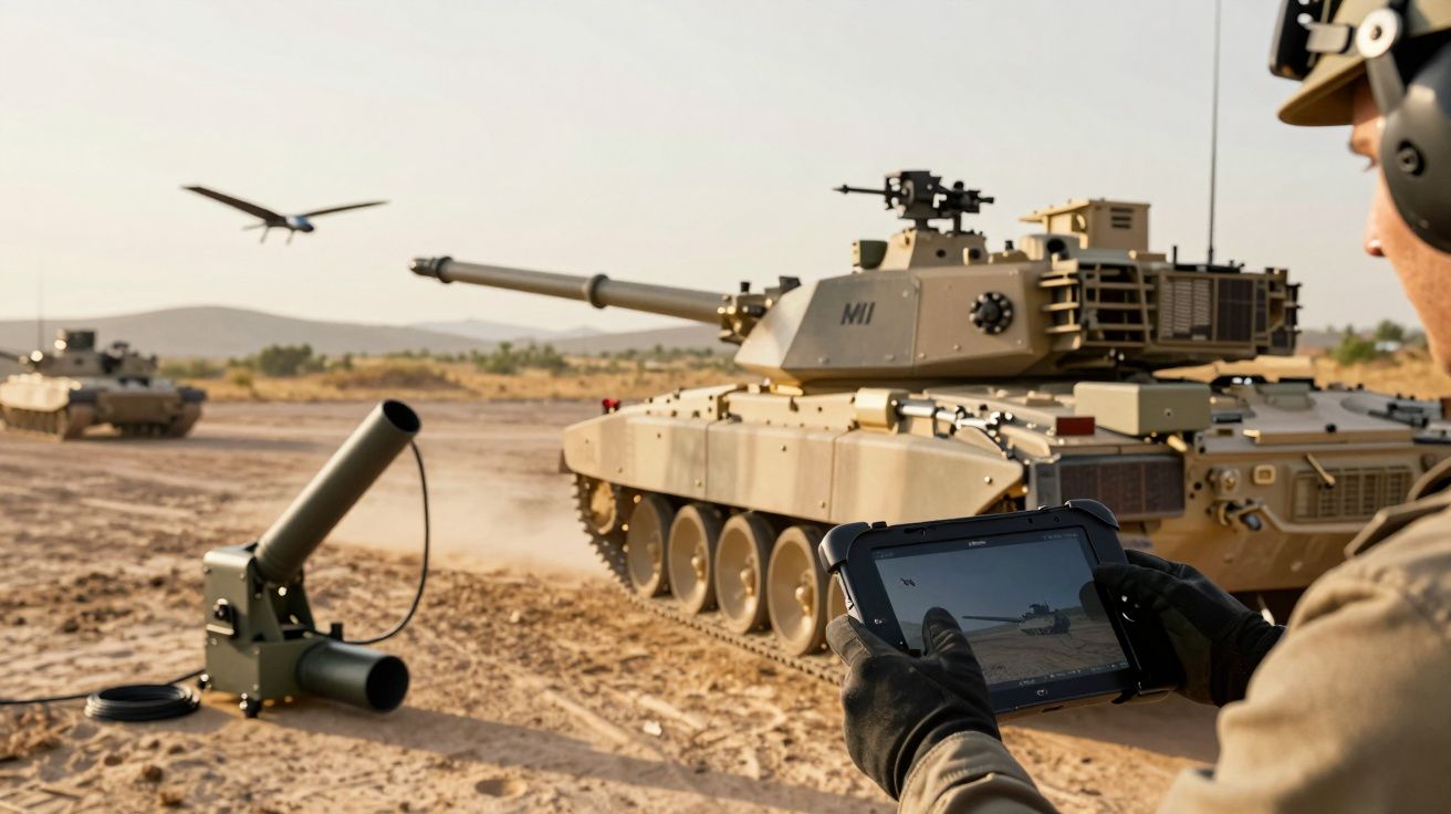 Soldat controlând un tanc cu o tabletă pe câmp, tanc în mișcare și un dronă în zbor.