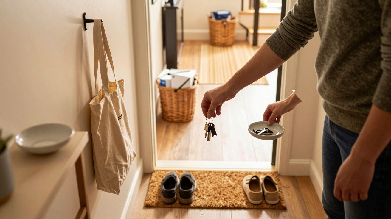 Persoană ținând chei și un bol lângă intrare; două perechi de pantofi și o geantă atârnată pe perete.