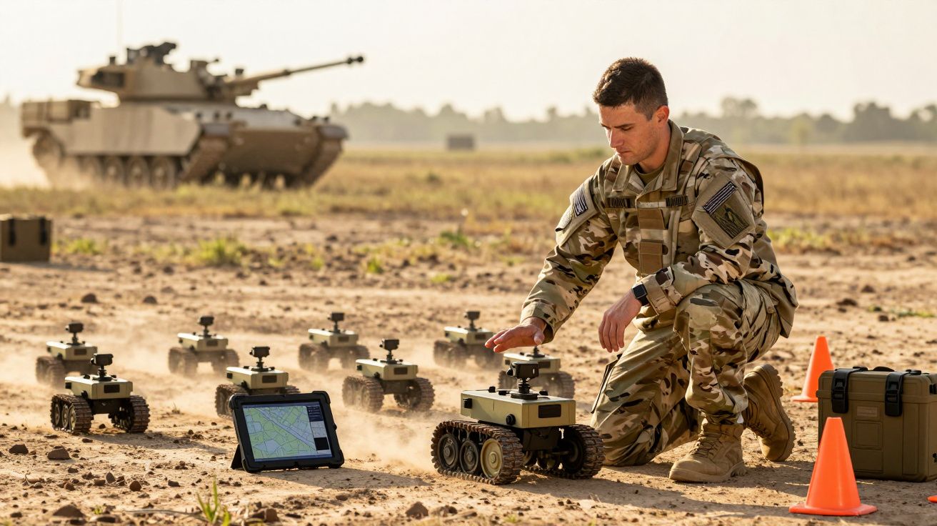 Soldat operează roboți miniaturali pe câmp deschis, cu tanc în fundal, și tabletă cu hartă, în uniformă camuflaj.