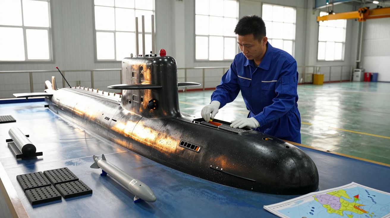 Bărbat în salopetă albastră examinează un model de submarin într-un atelier luminos.