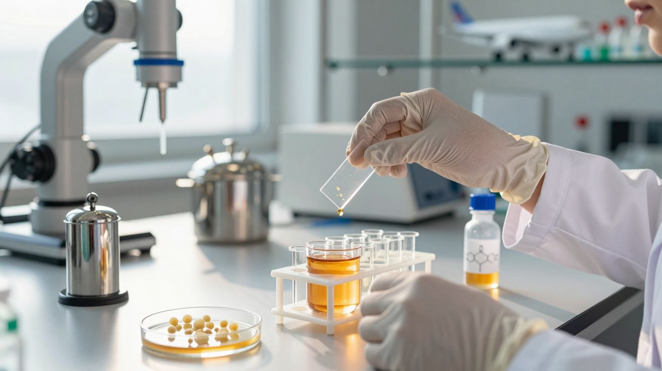 Cercetător în halat alb manipulează eprubete într-un laborator, folosind echipamente științifice.