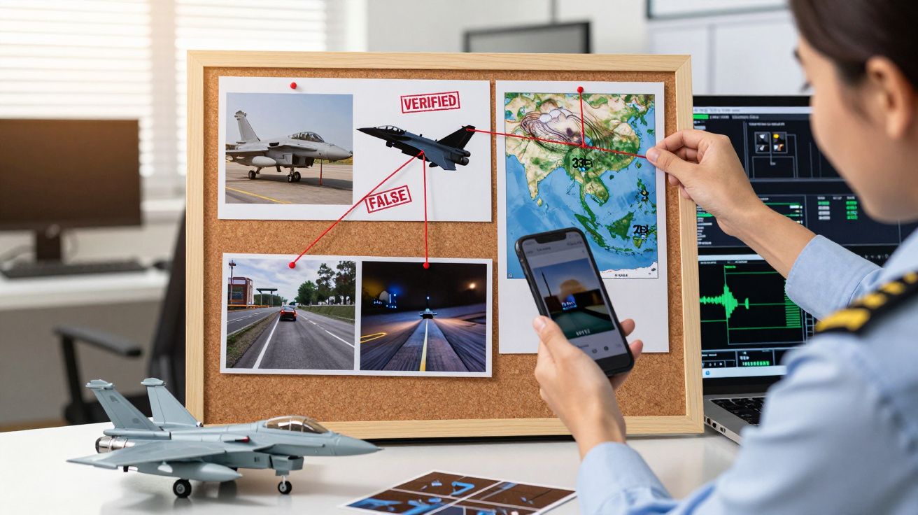 Persoană analizând fotografii de avioane și hărți pe un panou, cu un telefon și computer în fundal.
