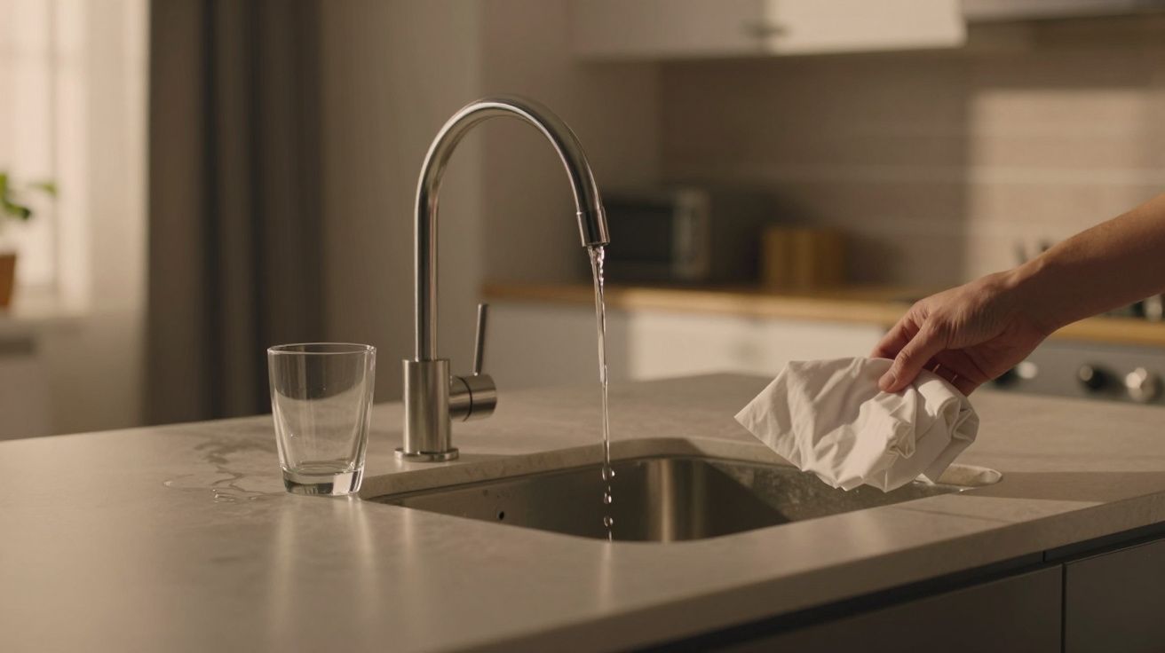 Chiuvetă modernă cu un robinet, pahar cu apă și o mână ținând un șervețel alb.