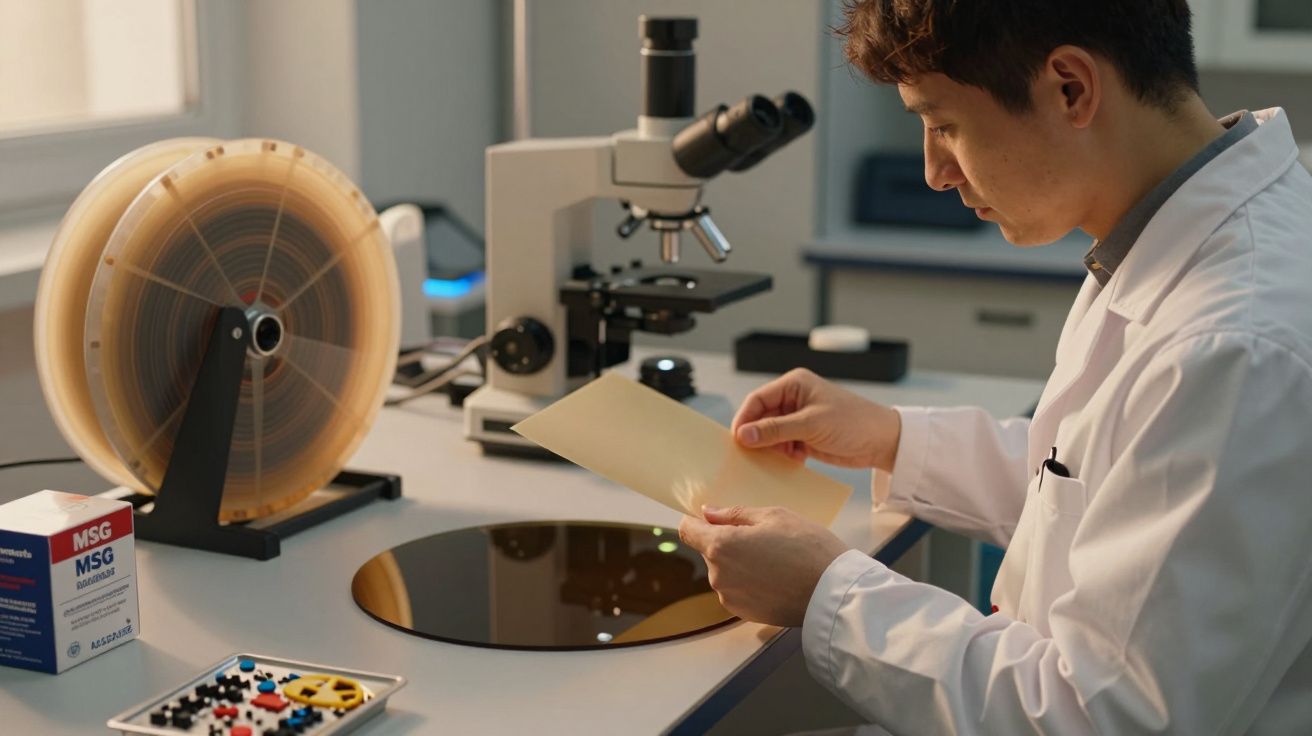 Cercetător în halat alb examinează o foaie sub microscop într-un laborator.