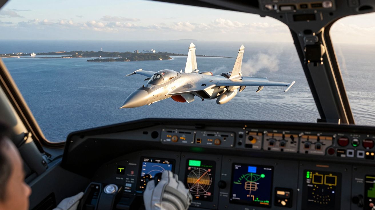 Pilotul din cockpitul unui avion urmărește un avion de vânătoare zburând deasupra apei, cu o insulă în fundal.