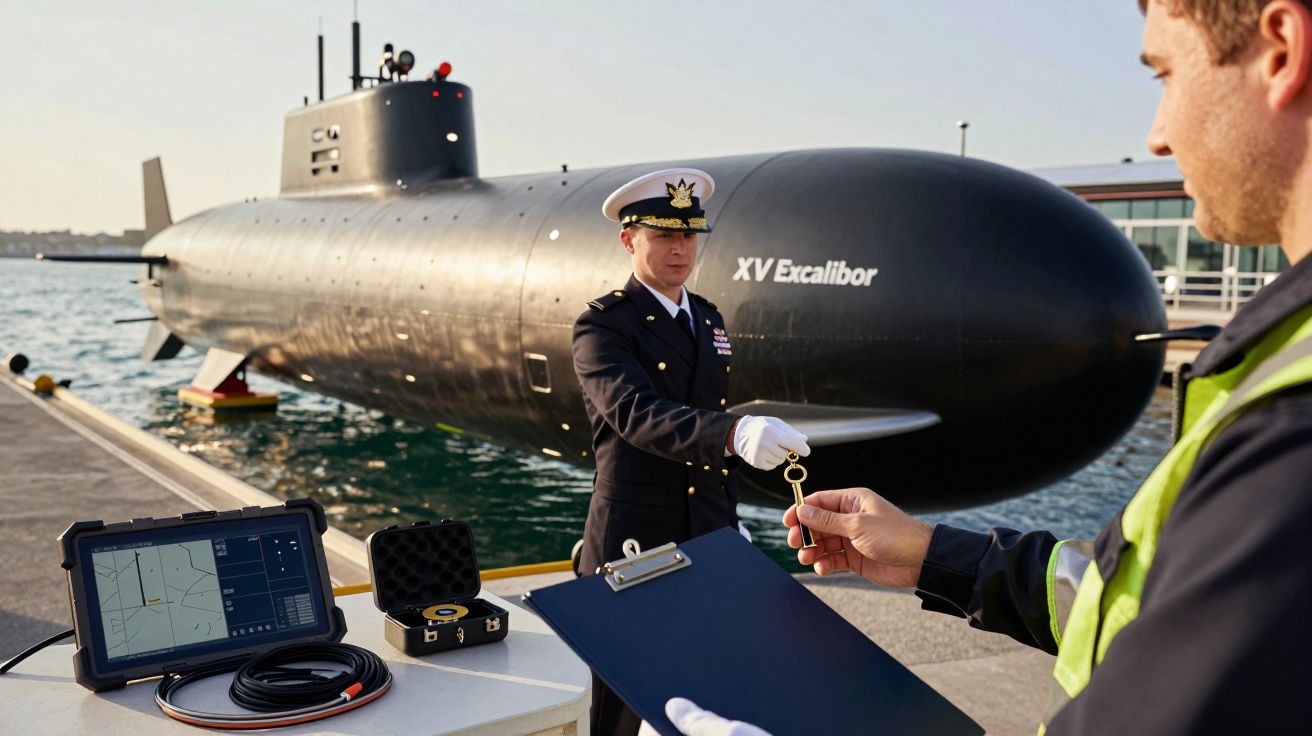 Ofițer naval predând cheile unui submarin numit "XV Excalibur" unei alte persoane pe un doc.