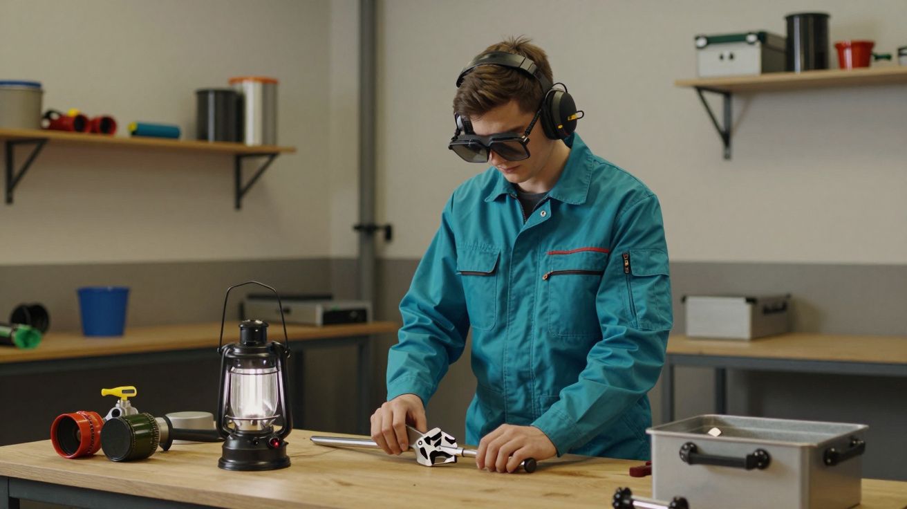 Tânăr în halat albastru și ochelari de protecție lucrând la un obiect pe o masă de lucru în atelier.