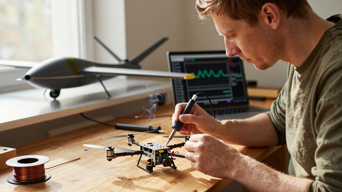 Bărbat asamblând o dronă pe birou, cu un laptop și echipament electronic lângă, într-o cameră luminată natural.