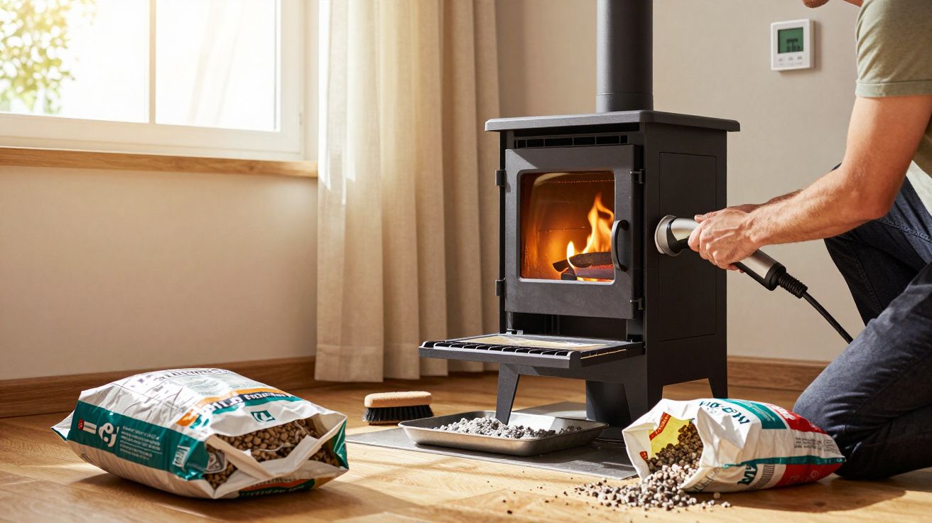 Persoană aprinde soba pe peleți într-o cameră cu podea din lemn, saci de peleți deschiși lângă sobă.