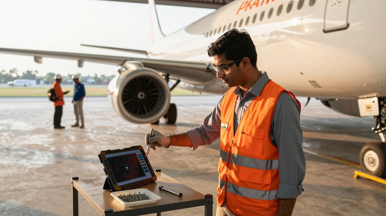 Tehnician în vestă reflectorizantă folosind o tabletă lângă un avion pe pistă, în fundal se văd alți lucrători.