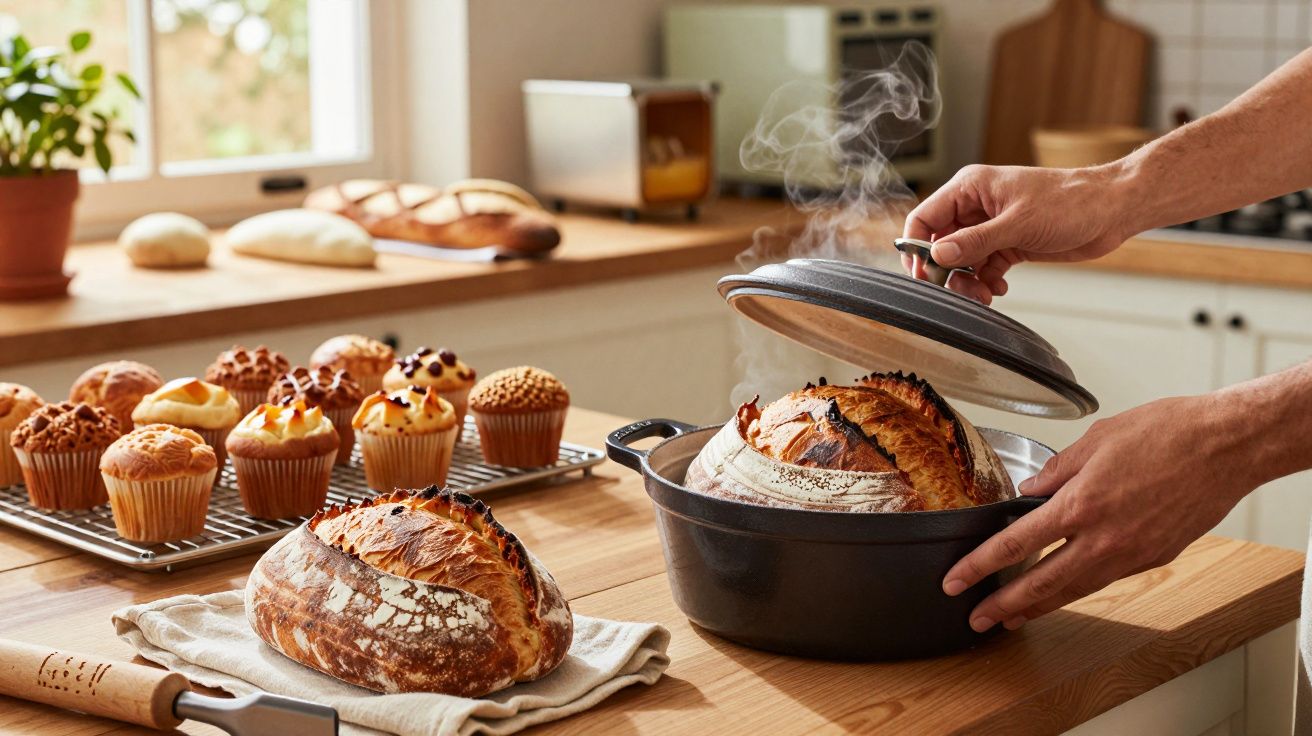 Pâine aburindă scoasă din cuptor olandez, alături de brioșe pe grătar, într-o bucătărie luminoasă.