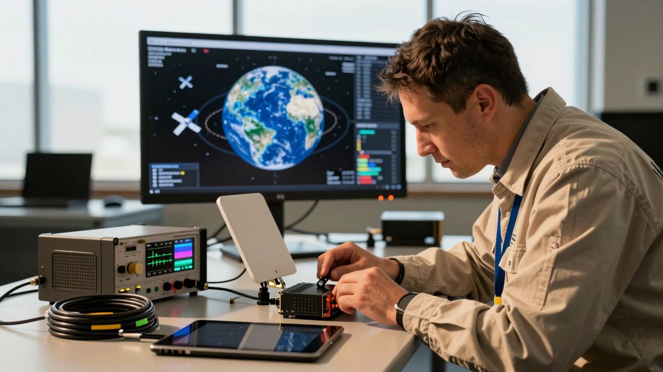 Bărbat lucrând la echipament electronic în laborator, cu un ecran mare afișând un glob pământesc și date satelit.