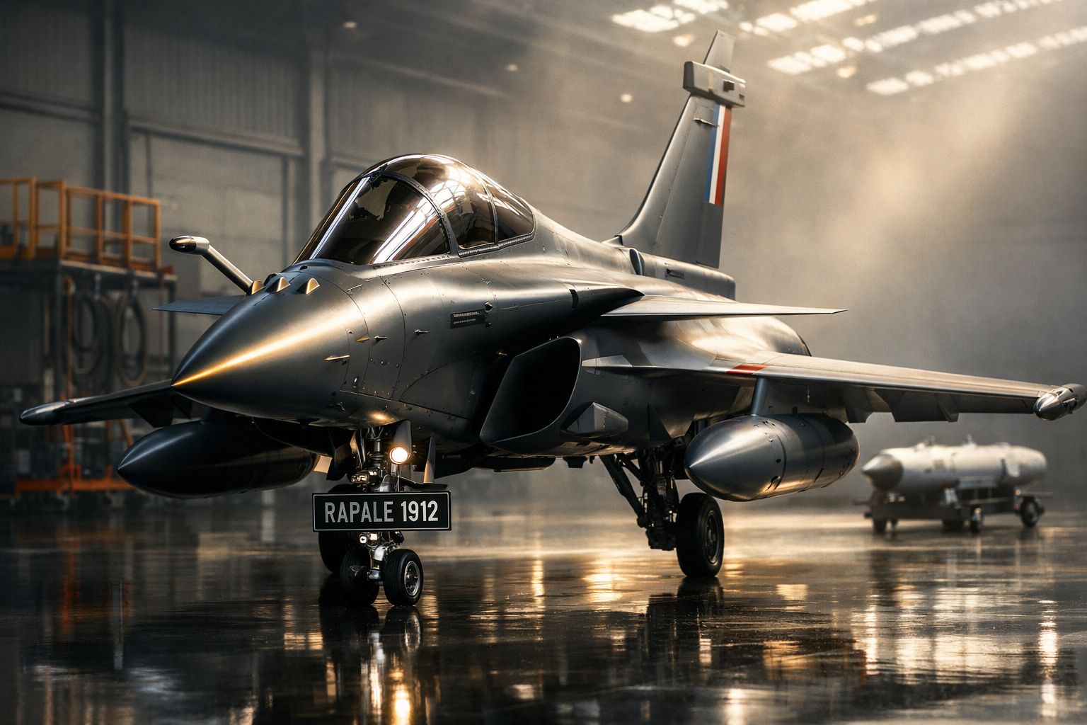 Avion Rafale lustruit într-un hangar, cu un panou de control digital în apropiere.