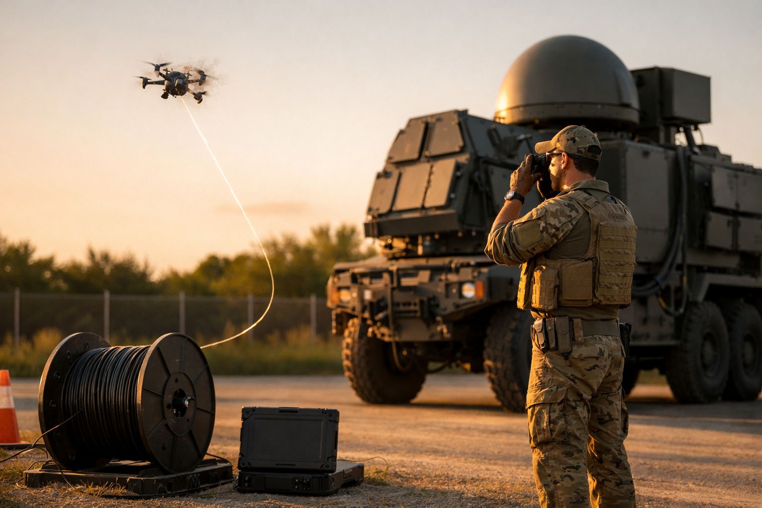 Bărbat echipat militar lângă vehicul cu echipament radar, drone și conuri de semnalizare, în zona de testare.