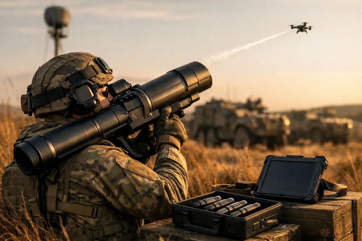 Soldat în uniformă camo operează echipament militar pe un vehicul, cu un dronă în zbor și peisaj montan în fundal.